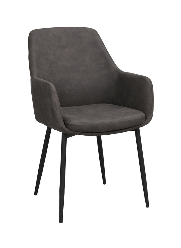 Grå stol med armstöd och svarta metallben i modern design med klädd sits och rygg