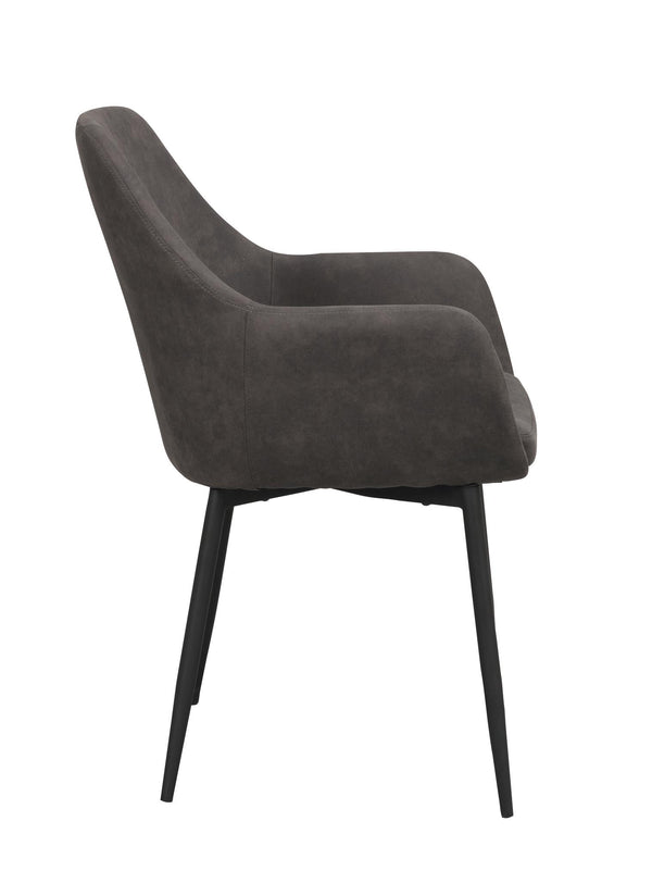 Grå matstol med armstöd och svarta ben i sidovy, modern design med mjuk klädsel