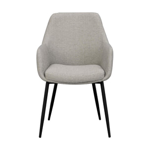 Grå matstol med armstöd och svarta ben i modern design, framifrån