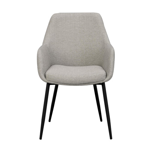 Grå matstol med armstöd och svarta ben i modern design, framifrån