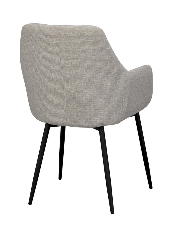 Grå stoppad stol med armstöd och svarta ben, sedd bakifrån