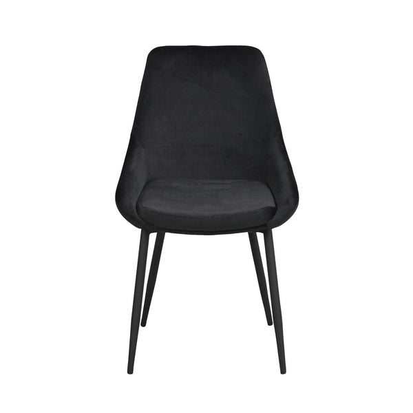 Svart matstol med sammetsklädd sits och rygg samt svarta metallben i modern design