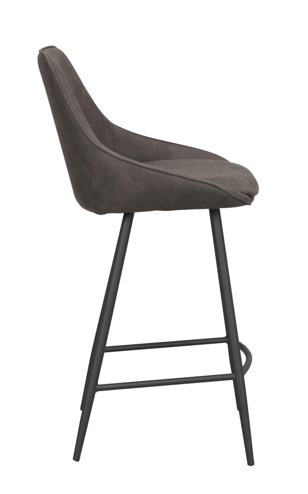 Grå barstol med hög rygg och svarta metallben, sidobild som visar stolens ergonomiska design och moderna stil
