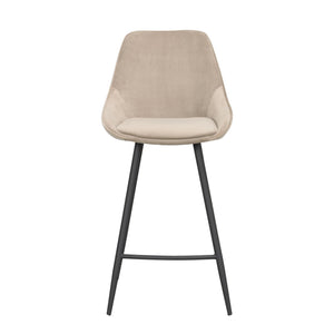 Beige barstol med hög rygg och svarta metallben, modern design med mjuk klädsel