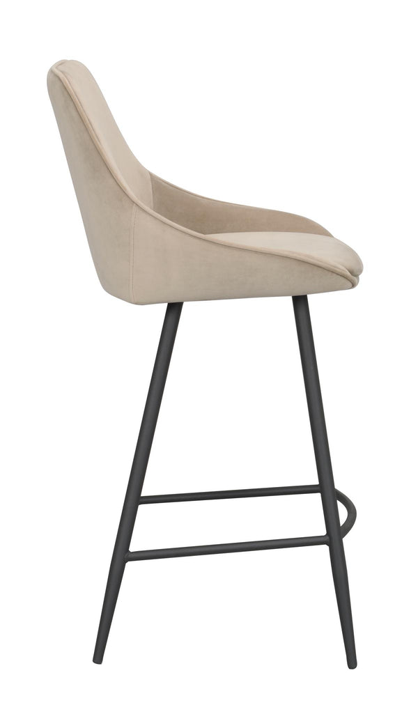 Beige barstol med hög rygg och svarta metallben, sidovy