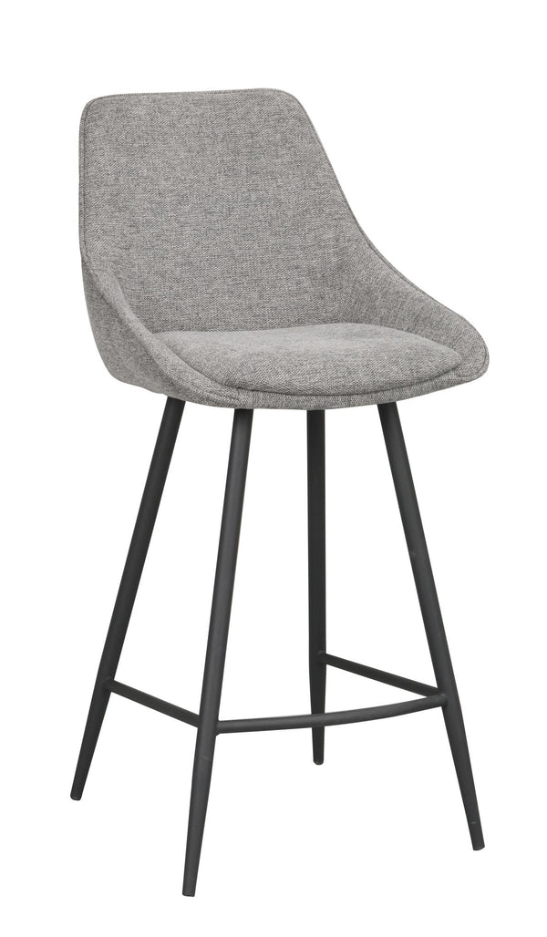 Grå barstol med stoppad sits och rygg i textil samt svarta metallben