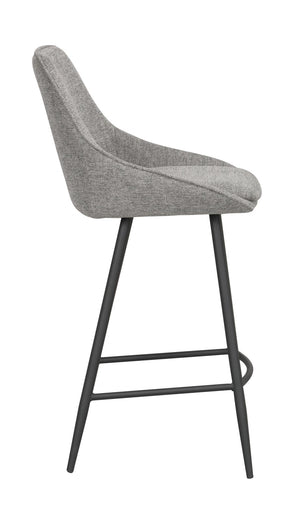 Grå barstol med hög rygg och svarta metallben, sidovy av modern design för kök eller bardisk