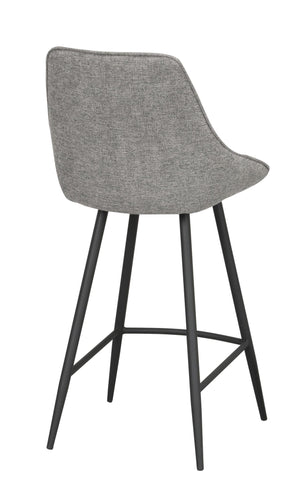 Grå barstol med stoppad sits och rygg i tyg, svarta metallben i modern design