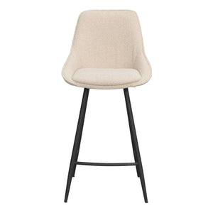 Beige barstol med hög rygg och svarta metallben, modern design i teddy-tyg