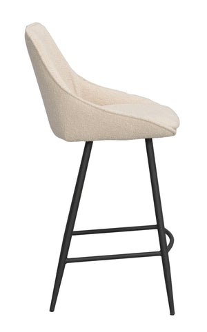 Beige barstol med hög rygg och svarta metallben, sidovy
