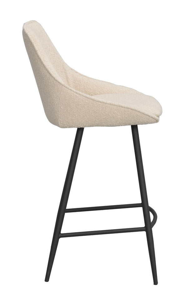 Beige barstol med hög rygg och svarta metallben, sidovy