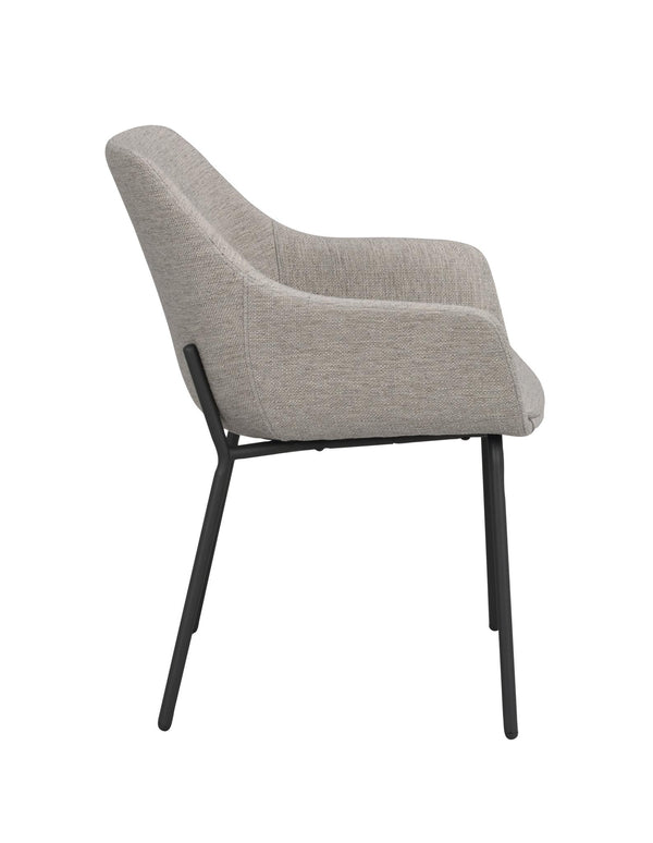 Grå stoppad matstol med svarta metallben, sedd från sidan