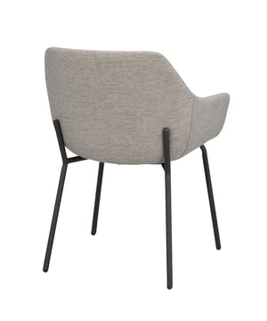 Grå stoppad stol med svarta metallben, sedd bakifrån med tydliga sömmar och modern design