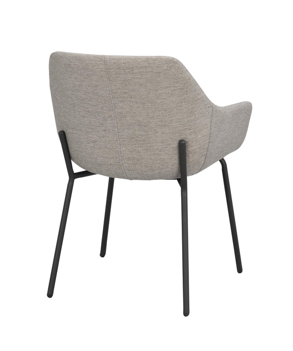 Grå stoppad stol med svarta metallben, sedd bakifrån med tydliga sömmar och modern design