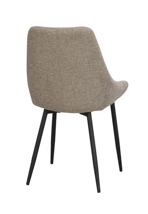Grå matstol med svarta ben sedd bakifrån, modern design med klädd sits och rygg