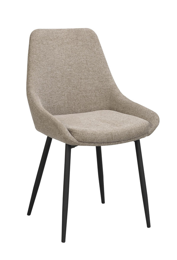 Beige matstol med svarta ben i modern skandinavisk design, stoppad sits och rygg i textil