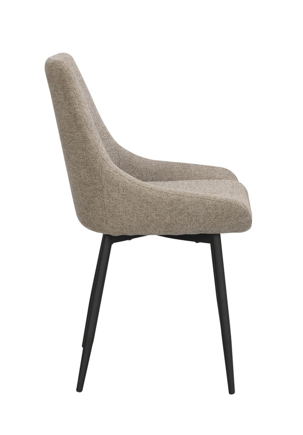 Grå stoppad matstol med svarta ben i metall, sidovy