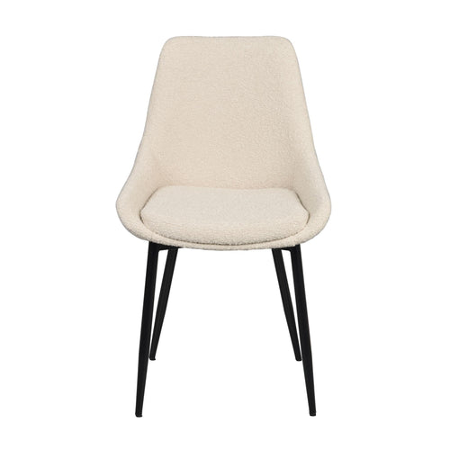 Beige matstol med hög rygg och svarta metallben, modern skandinavisk design