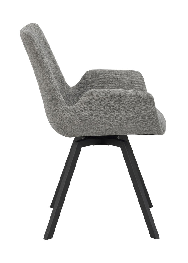 Grå stoppad stol med svarta träben, visad från sidan mot vit bakgrund