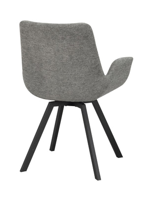 Grå stoppad stol med armstöd och svarta träben, bakifrån sett på vit bakgrund