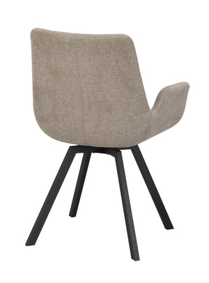 Grå stoppad matstol med svarta träben, sedd från baksidan