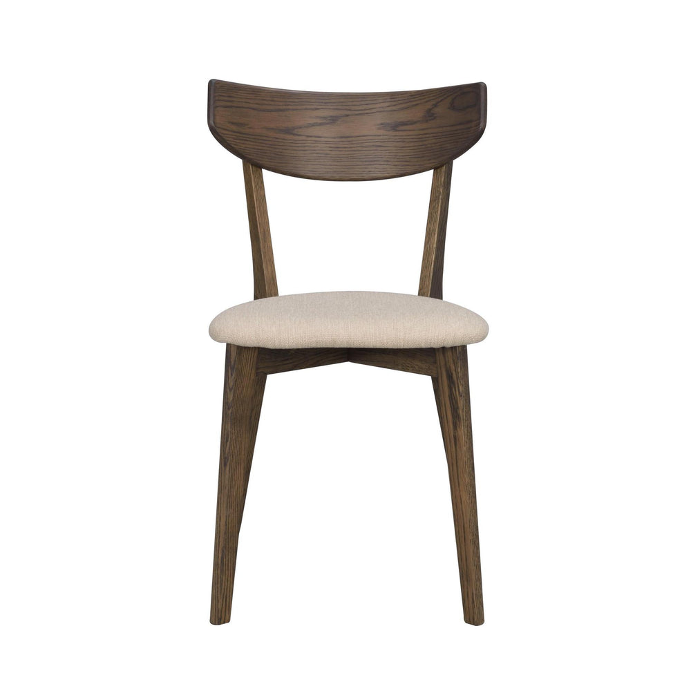 Matstol i mörkbetsad ek med beige stoppad sits och böjd rygg, skandinavisk design