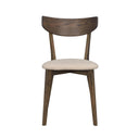 Matstol i mörkbetsad ek med beige stoppad sits och böjd rygg, skandinavisk design