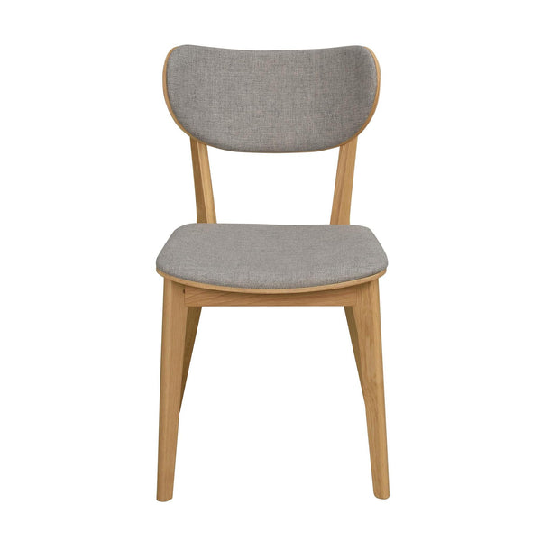 Matstol i ek med grå klädsel, modern design med stoppad sits och ryggstöd
