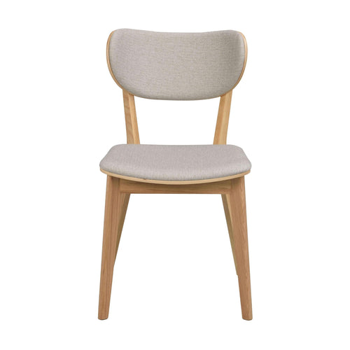 Matstol i ek med grå tygklädsel, skandinavisk design med sits och ryggstöd i stoppad textil