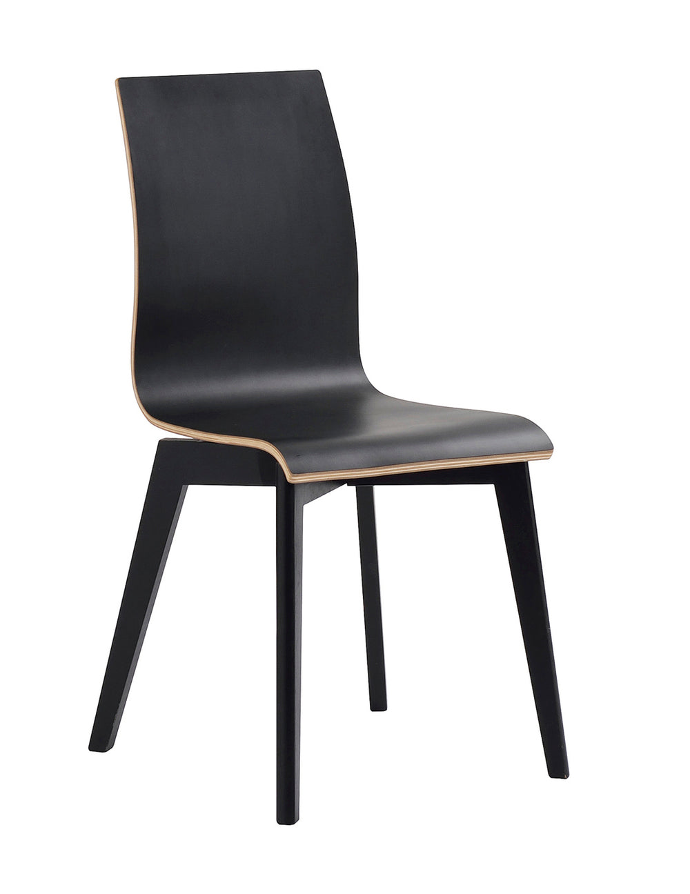 Svart stol i skandinavisk design med högt ryggstöd och träben, minimalistisk möbel för matsal