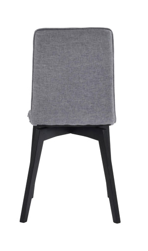 Grå stoppad stol med svarta träben, sedd bakifrån