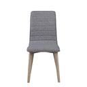 Grå stoppad matstol med ljusa träben i skandinavisk design, frontalvy mot vit bakgrund