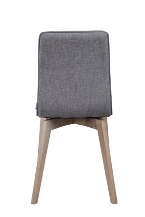 Grå stoppad matstol med ljusa träben, sedd bakifrån mot vit bakgrund