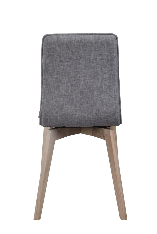 Grå stoppad matstol med ljusa träben, sedd bakifrån mot vit bakgrund