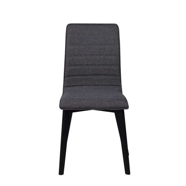 Grå matstol med ribbad rygg och svarta ben i trä, frontvy mot vit bakgrund