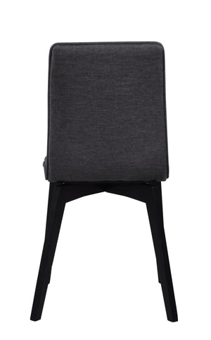 Grå matstol med svarta träben sedd bakifrån mot vit bakgrund