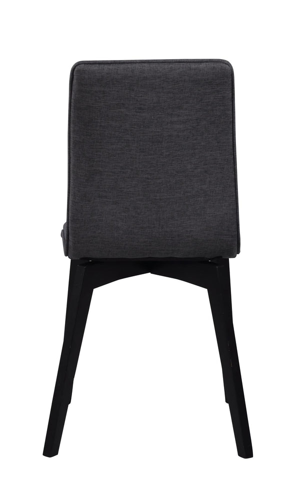 Grå matstol med svarta träben sedd bakifrån mot vit bakgrund