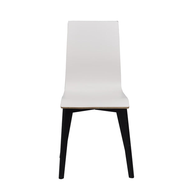 Modern matstol med vit sits och svarta ben i trä, frontvy mot vit bakgrund