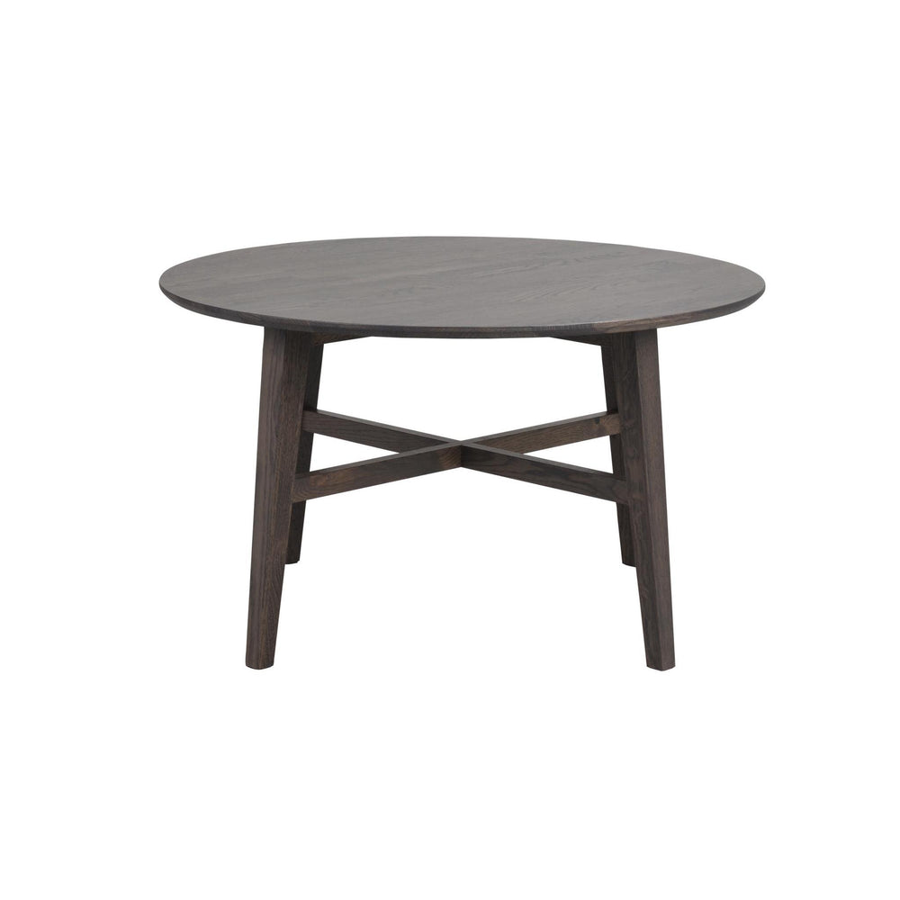 Runt soffbord i mörkgrå ek med korsformad fot och fyra ben