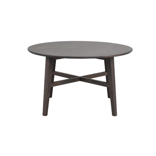 Runt soffbord i mörkgrå ek med korsformad fot och fyra ben