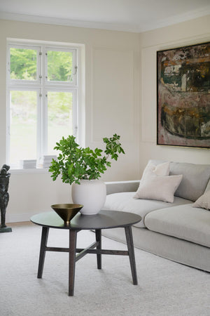 Minimalistiskt vardagsrum med grå soffa, runt soffbord i mörkbett trä och grön växt i vit kruka