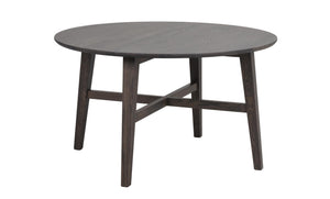 Runt soffbord i mörkgrå ek med korsformad fotställning och fyra ben