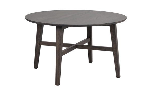 Runt soffbord i mörkgrå ek med korsformad fotställning och fyra ben