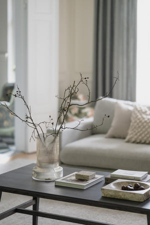 Glasvas med dekorativa kvistar på soffbord i modernt vardagsrum med böcker och dekoration