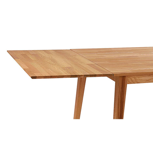 Utdragbart matbord i ek med synlig förlängningsskiva och träben