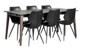Matgrupp med grått bord och 6 svarta stolar i modern skandinavisk design