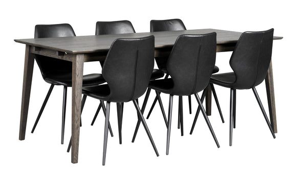 Matgrupp med grått bord och 6 svarta stolar i modern skandinavisk design