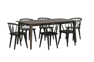 Matgrupp med rektangulärt grått bord och sex svarta pinnstolar i trä