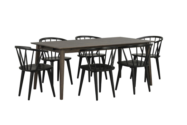 Matgrupp med rektangulärt grått bord och sex svarta pinnstolar i trä