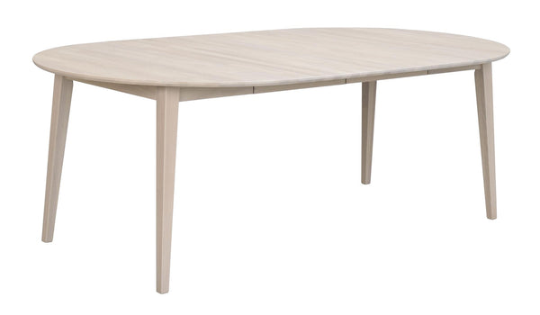 Oval matbord i ljust trä med utdragsfunktion och fyra ben i skandinavisk design